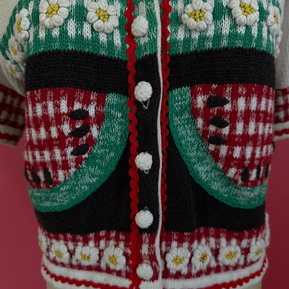 Vintage 80s/90s Watermelon Picnic CottageCore Knitted Short Sleeve Cardigan S - Picture 6 of 11